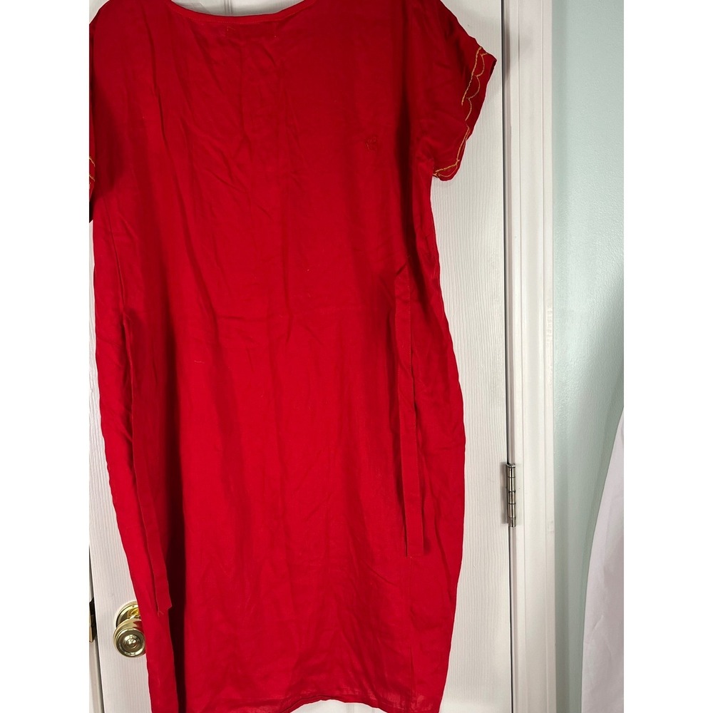 Asha Red Gold Floral Embroidered Tunic Dress Rayon Short Sleeve Boho One Size - Picture 6 of 16